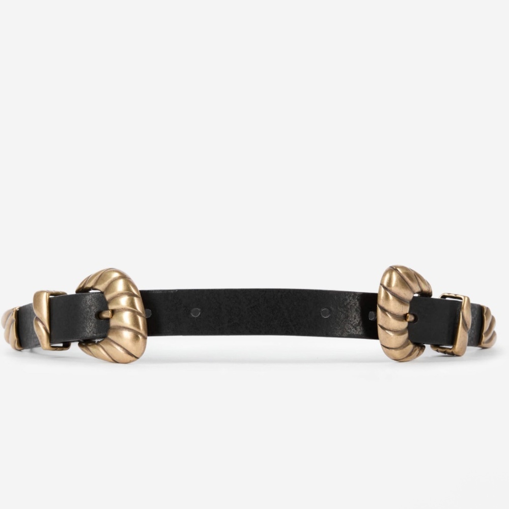 The Kooples Black Leather Belt with Antiqued Gold Buckles